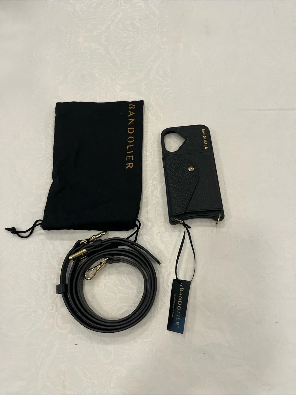 Bandolier Black Leather Phone Crossbody Case with Gold Accents